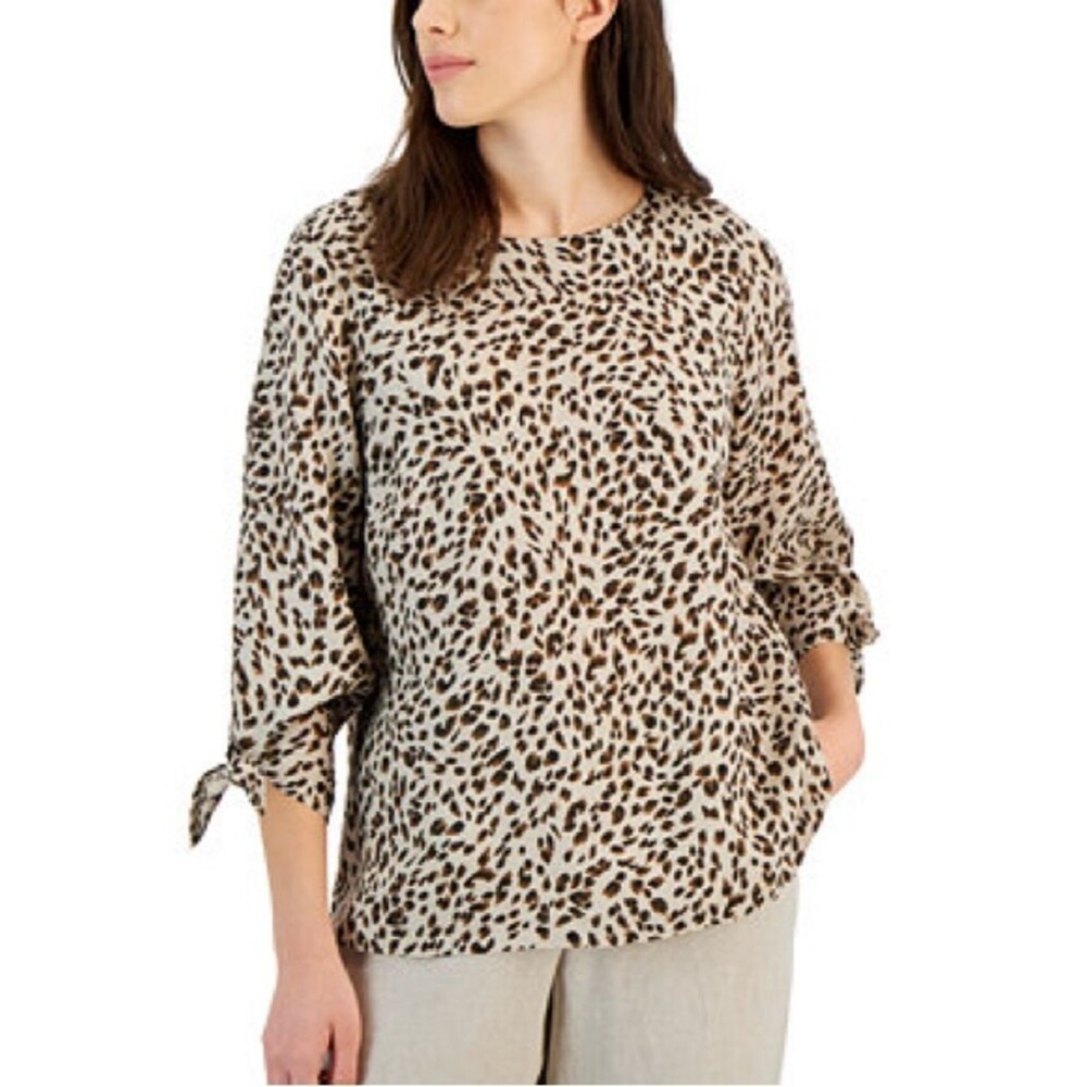 NWT Charter Club Luxury 100% Linen Animal Print Tie Cuff Top Tan/Brown Size XS